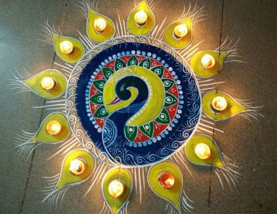 Beautiful peacock diwali rangoli patterns