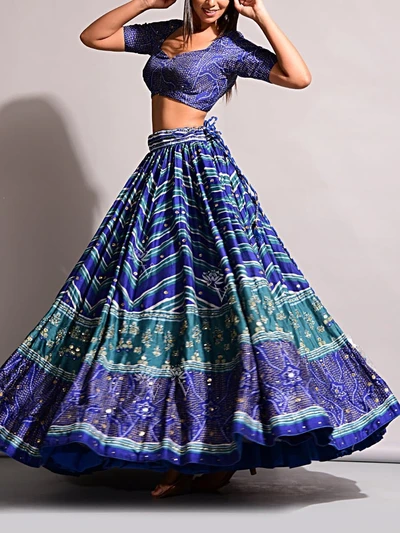 4. Blue Printed Silk Lehenga Set